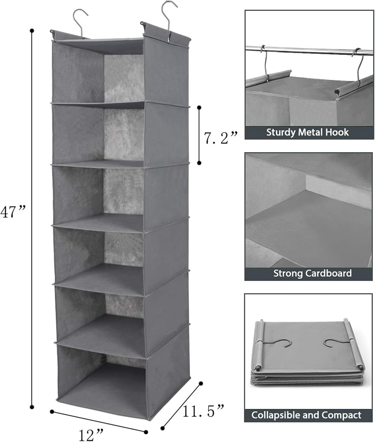 6 Tier Shelf Hanging Closet Organizer, Closet Hanging Shelf with 2 Sturdy Hooks for Storage, Foldable (Grey)