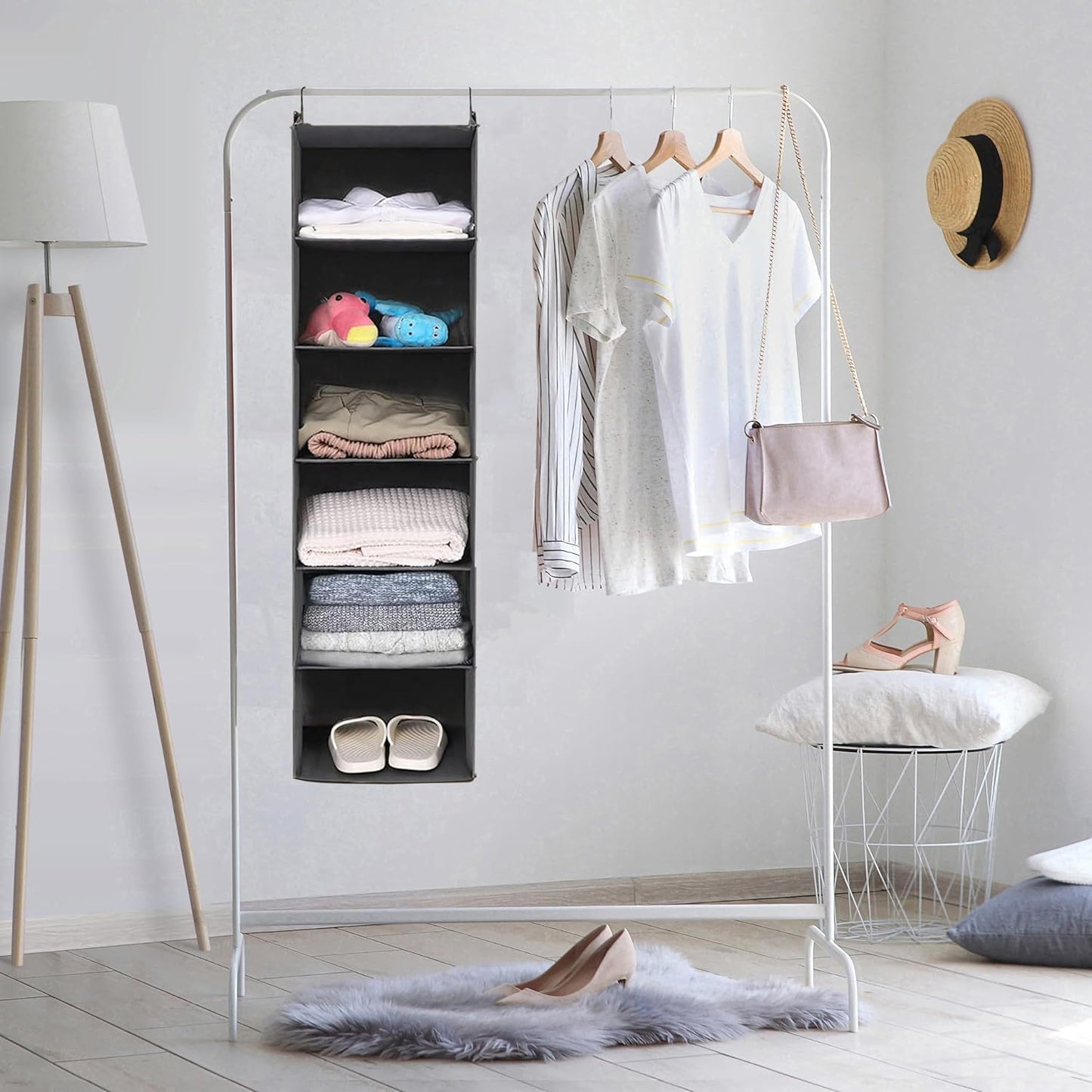 6 Tier Shelf Hanging Closet Organizer, Closet Hanging Shelf with 2 Sturdy Hooks for Storage, Foldable (Grey)