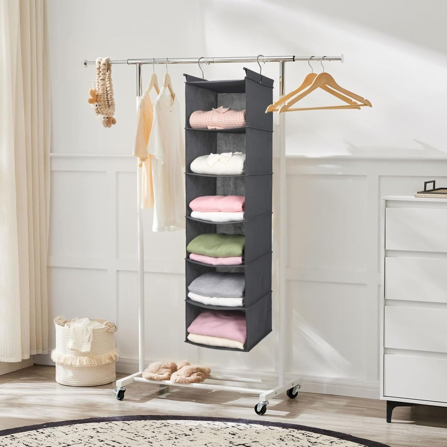 6 Tier Shelf Hanging Closet Organizer, Closet Hanging Shelf with 2 Sturdy Hooks for Storage, Foldable (Grey)